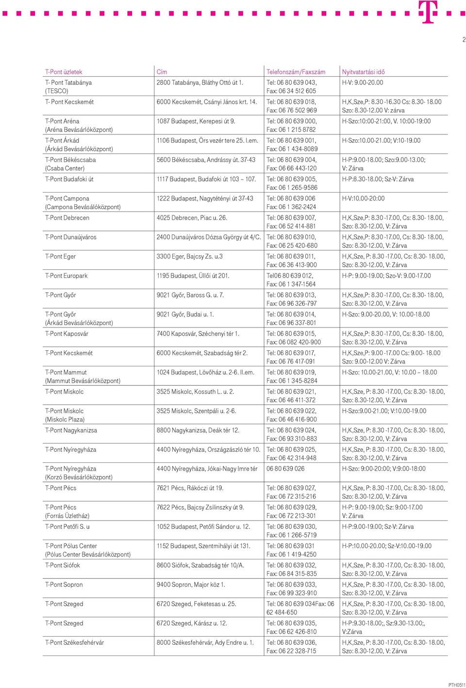 Tel: 06 80 639 018, Fax: 06 76 502 969 T-Pont Aréna (Aréna Bevásárlóközpont) T-Pont Árkád (Árkád Bevásárlóközpont) T-Pont Békéscsaba (Csaba Center) 1087 Budapest, Kerepesi út 9.