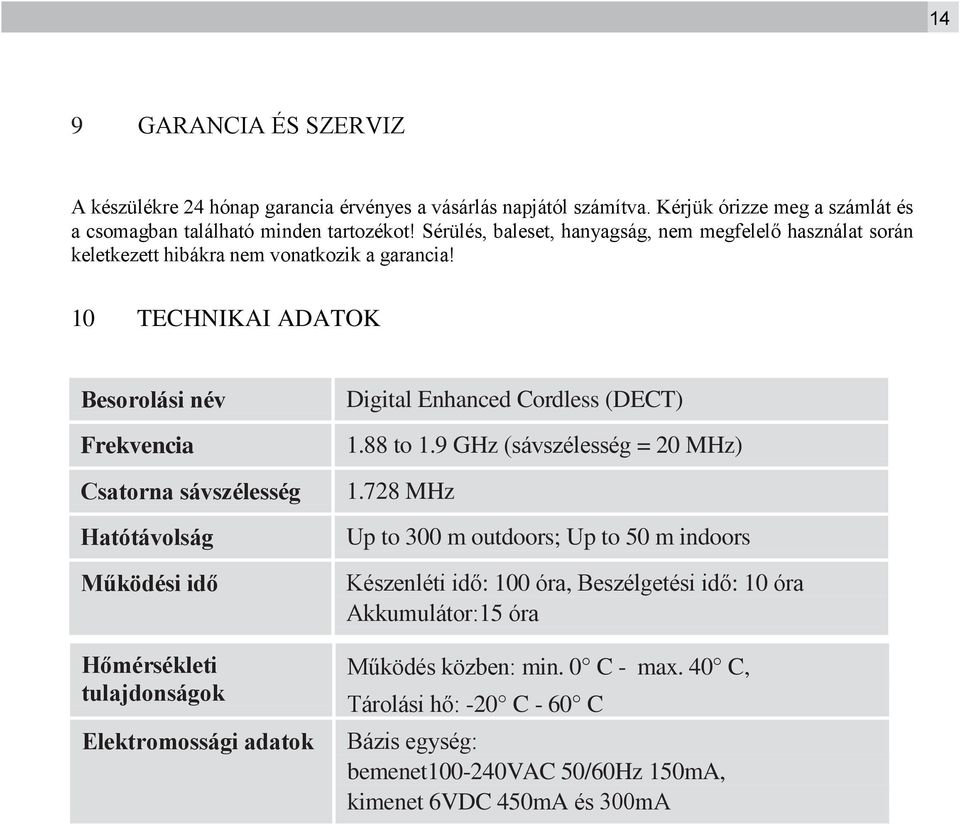 10 TECHNIKAI ADATOK Besorolási név Frekvencia Csatorna sávszélesség Hatótávolság Működési idő Hőmérsékleti tulajdonságok Elektromossági adatok Digital Enhanced Cordless (DECT) 1.88 to 1.