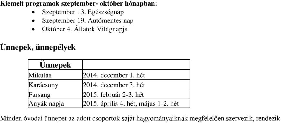 Állatok Világnapja Ünnepek, ünnepélyek Ünnepek Mikulás Karácsony Farsang Anyák napja 2014.