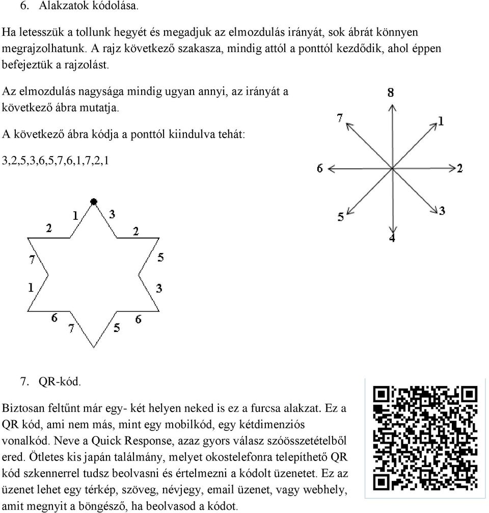 A következő ábra kódja a ponttól kiindulva tehát: 3,2,5,3,6,5,7,6,1,7,2,1 7. QR-kód. Biztosan feltűnt már egy- két helyen neked is ez a furcsa alakzat.