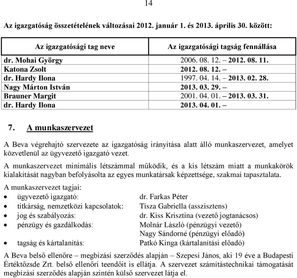 A munkaszervezet A Beva végrehajtó szervezete az igazgatóság irányítása alatt álló munkaszervezet, amelyet közvetlenül az ügyvezető igazgató vezet.