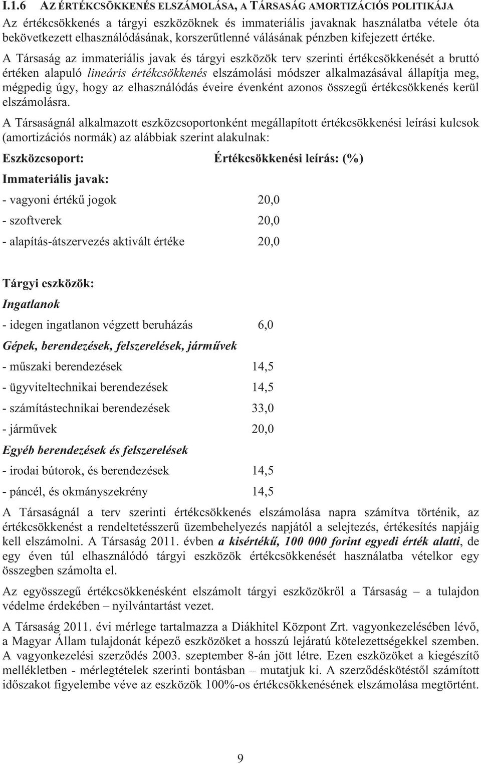 A Társaság az immateriális javak és tárgyi eszközök terv szerinti értékcsökkenését a bruttó értéken alapuló lineáris értékcsökkenés elszámolási módszer alkalmazásával állapítja meg, mégpedig úgy,