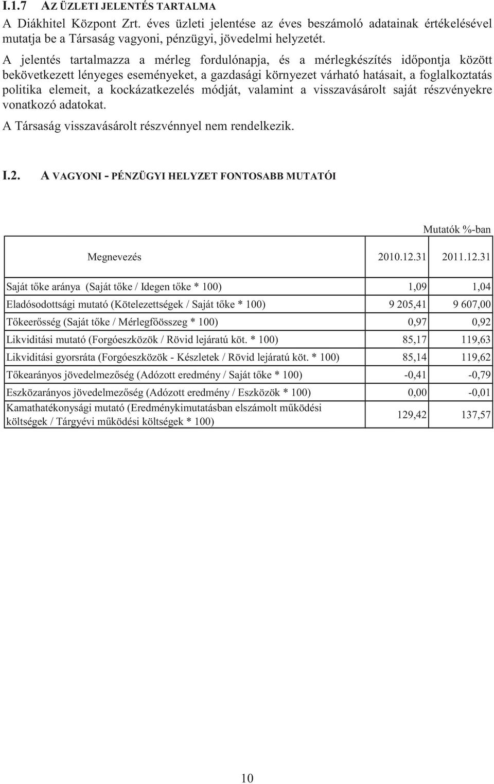 kockázatkezelés módját, valamint a visszavásárolt saját részvényekre vonatkozó adatokat. A Társaság visszavásárolt részvénnyel nem rendelkezik. I.2.