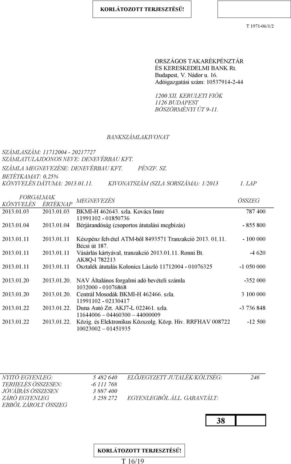 LAP FORGALMAK MEGNEVEZÉS KÖNYVELÉS ÉRTÉKNAP ÖSSZEG 2013.01.03 2013.01.03 BKMI-H 462643. szla. Kovács Imre 787 400 11991102-01850736 2013.01.04 2013.01.04 Bérjárandóság (csoportos átutalási megbízás) - 855 800 2013.