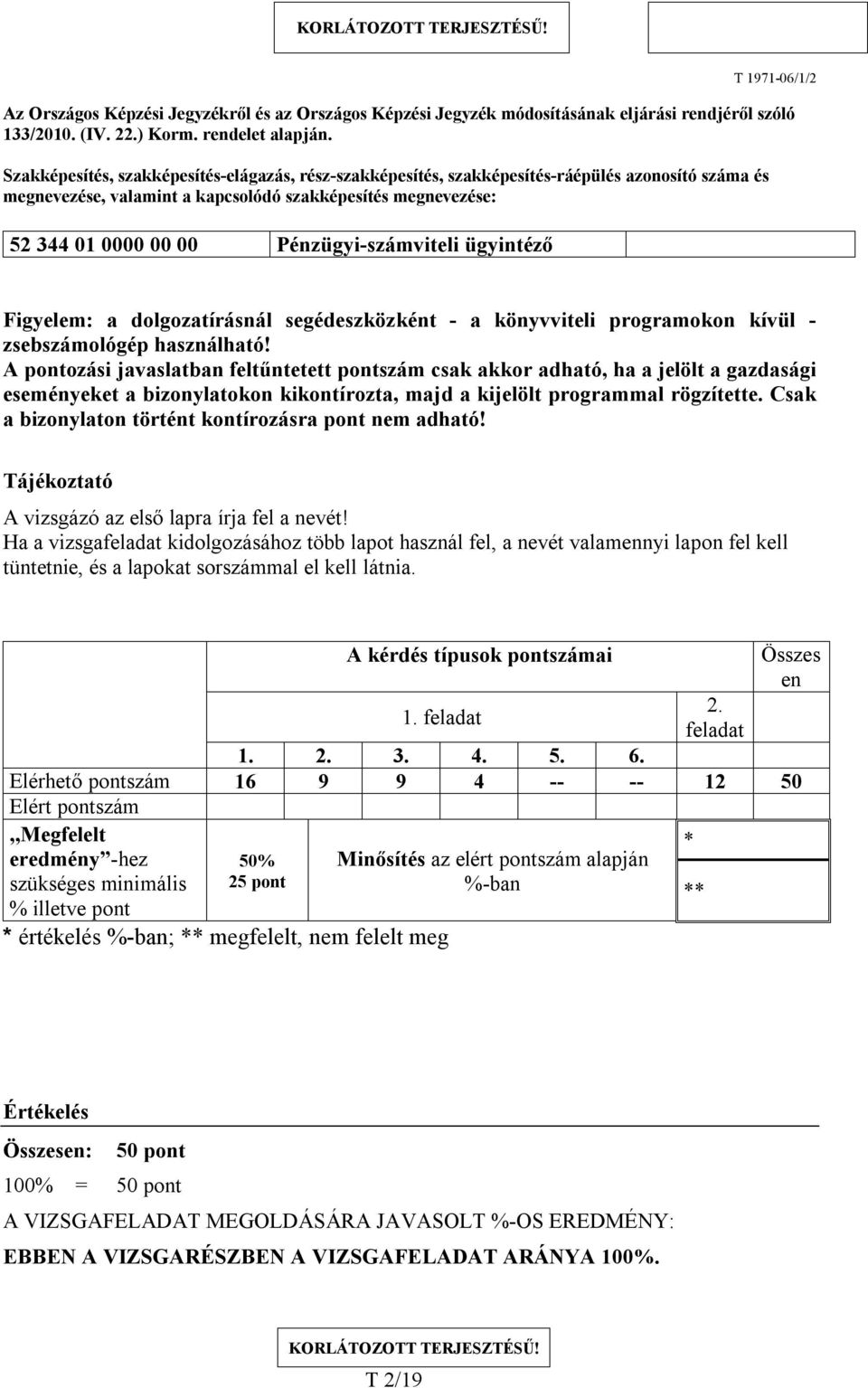 Pénzügyi-számviteli ügyintéző Figyelem: a dolgozatírásnál segédeszközként - a könyvviteli programokon kívül - zsebszámológép használható!