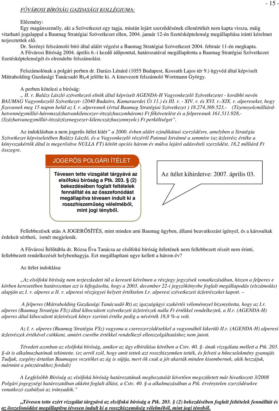 Serényi felszámoló bíró által aláírt végzést a Baumag Stratégiai Szövetkezet 2004. február 11-én megkapta. A Fővárosi Bíróság 2004. április 6.