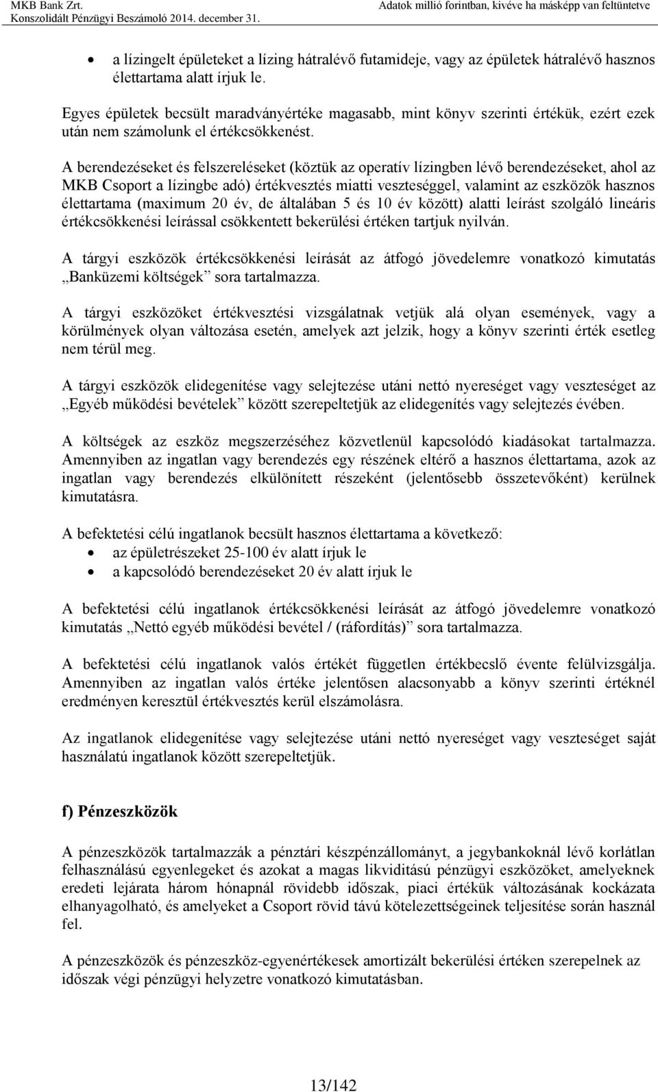 A berendezéseket és felszereléseket (köztük az operatív lízingben lévő berendezéseket, ahol az MKB Csoport a lízingbe adó) értékvesztés miatti veszteséggel, valamint az eszközök hasznos élettartama