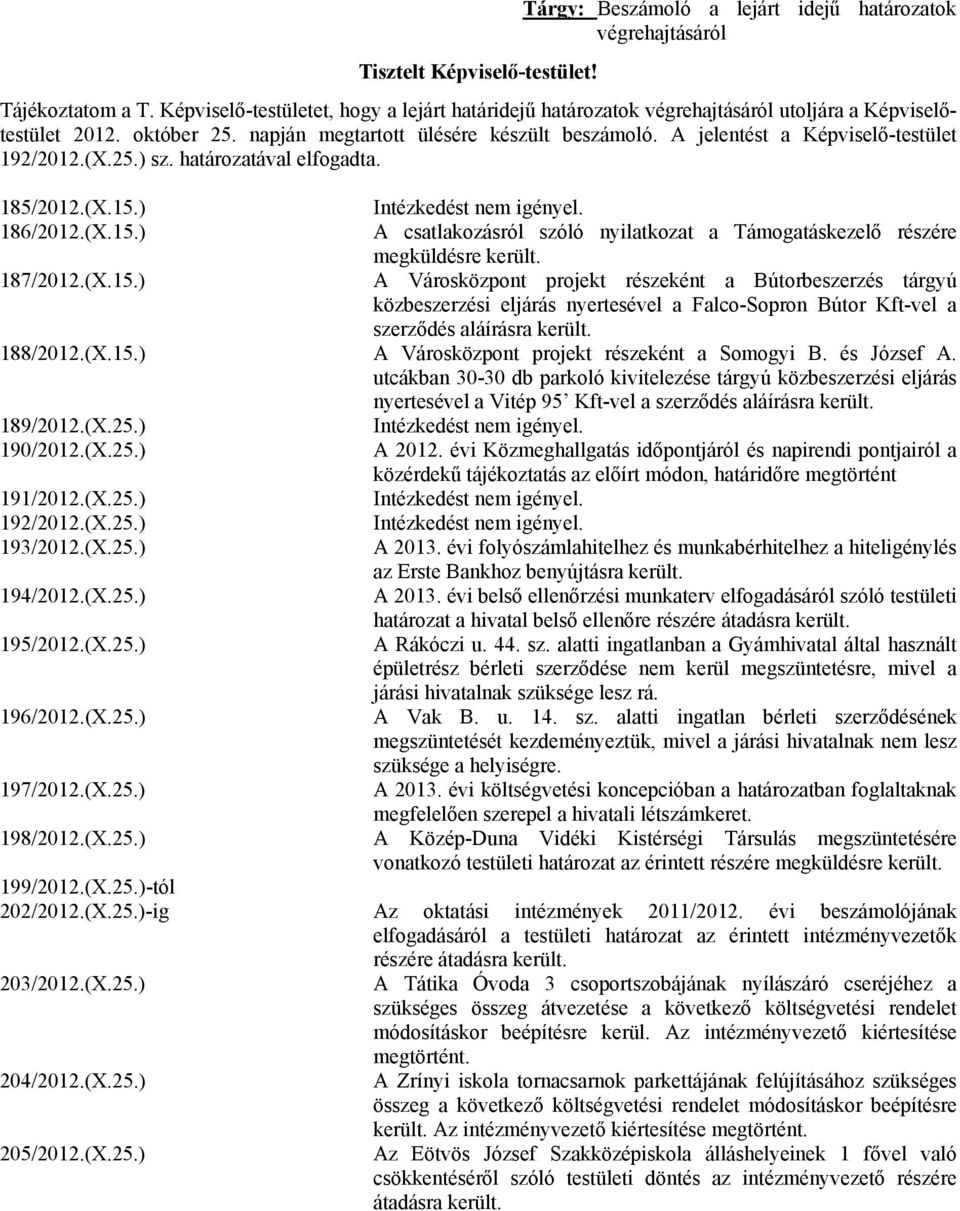 A jelentést a Képviselő-testület 192/2012.(X.25.) sz. határozatával elfogadta. 185/2012.(X.15.) 186/2012.(X.15.) 187/2012.(X.15.) Intézkedést nem igényel.