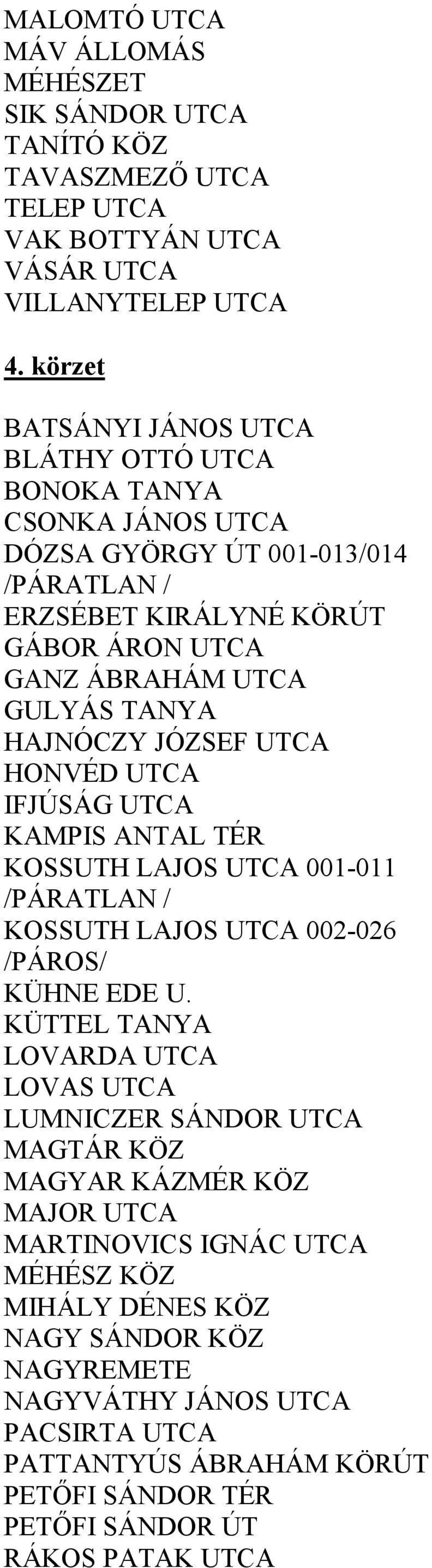 HAJNÓCZY JÓZSEF UTCA HONVÉD UTCA IFJÚSÁG UTCA KAMPIS ANTAL TÉR KOSSUTH LAJOS UTCA 001-011 /PÁRATLAN / KOSSUTH LAJOS UTCA 002-026 /PÁROS/ KÜHNE EDE U.