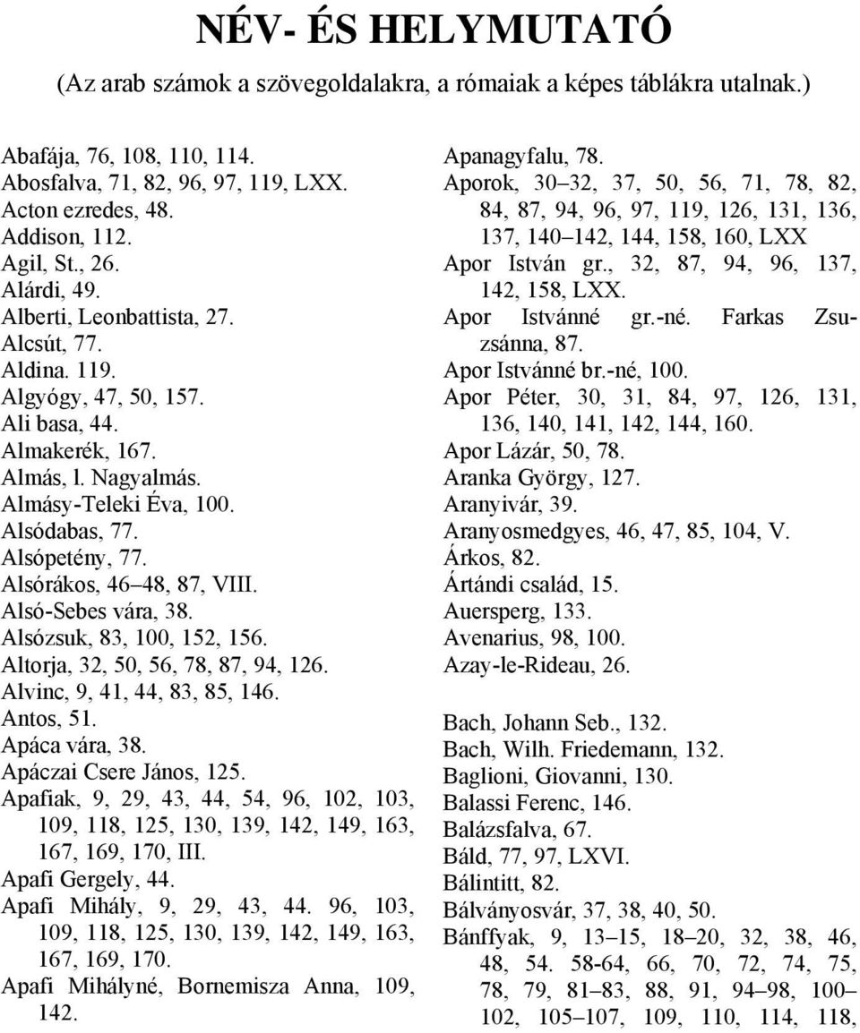 Alsórákos, 46 48, 87, VIII. Alsó-Sebes vára, 38. Alsózsuk, 83, 100, 152, 156. Altorja, 32, 50, 56, 78, 87, 94, 126. Alvinc, 9, 41, 44, 83, 85, 146. Antos, 51. Apáca vára, 38. Apáczai Csere János, 125.