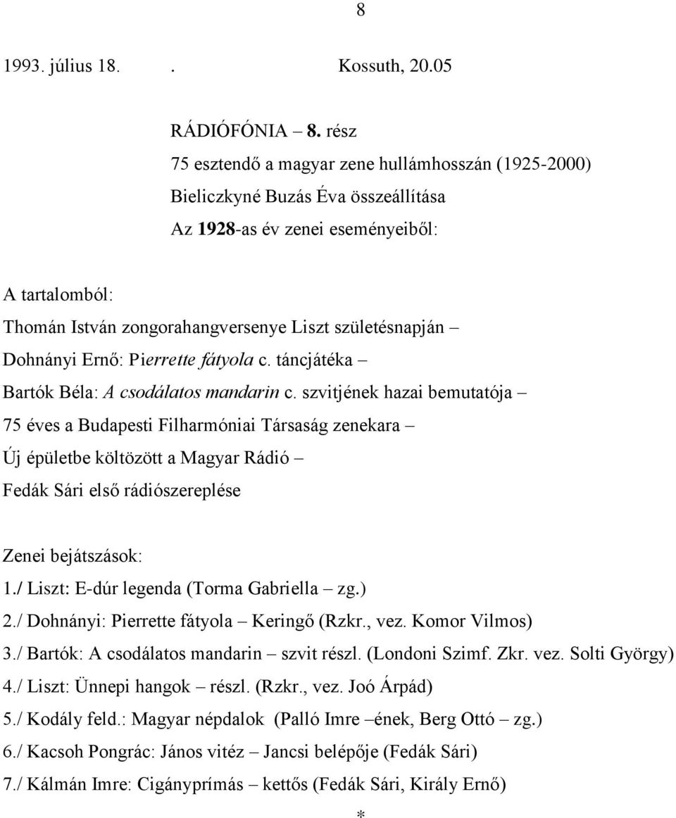 / Liszt: E-dúr legenda (Torma Gabriella zg.) 2./ Dohnányi: Pierrette fátyola Keringő (Rzkr., vez. Komor Vilmos) 3./ Bartók: A csodálatos mandarin szvit részl. (Londoni Szimf. Zkr. vez. Solti György) 4.