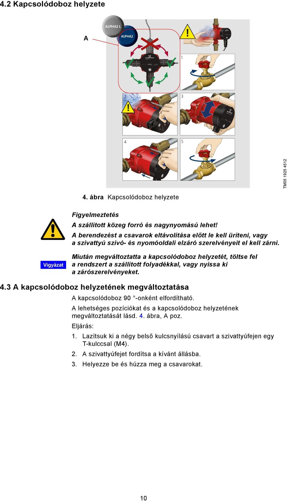 Vigyázat Miután megváltoztatta a kapcsolódoboz helyzetét, töltse fel a rendszert a szállított folyadékkal, vagy nyissa ki a zárószerelvényeket. 4.