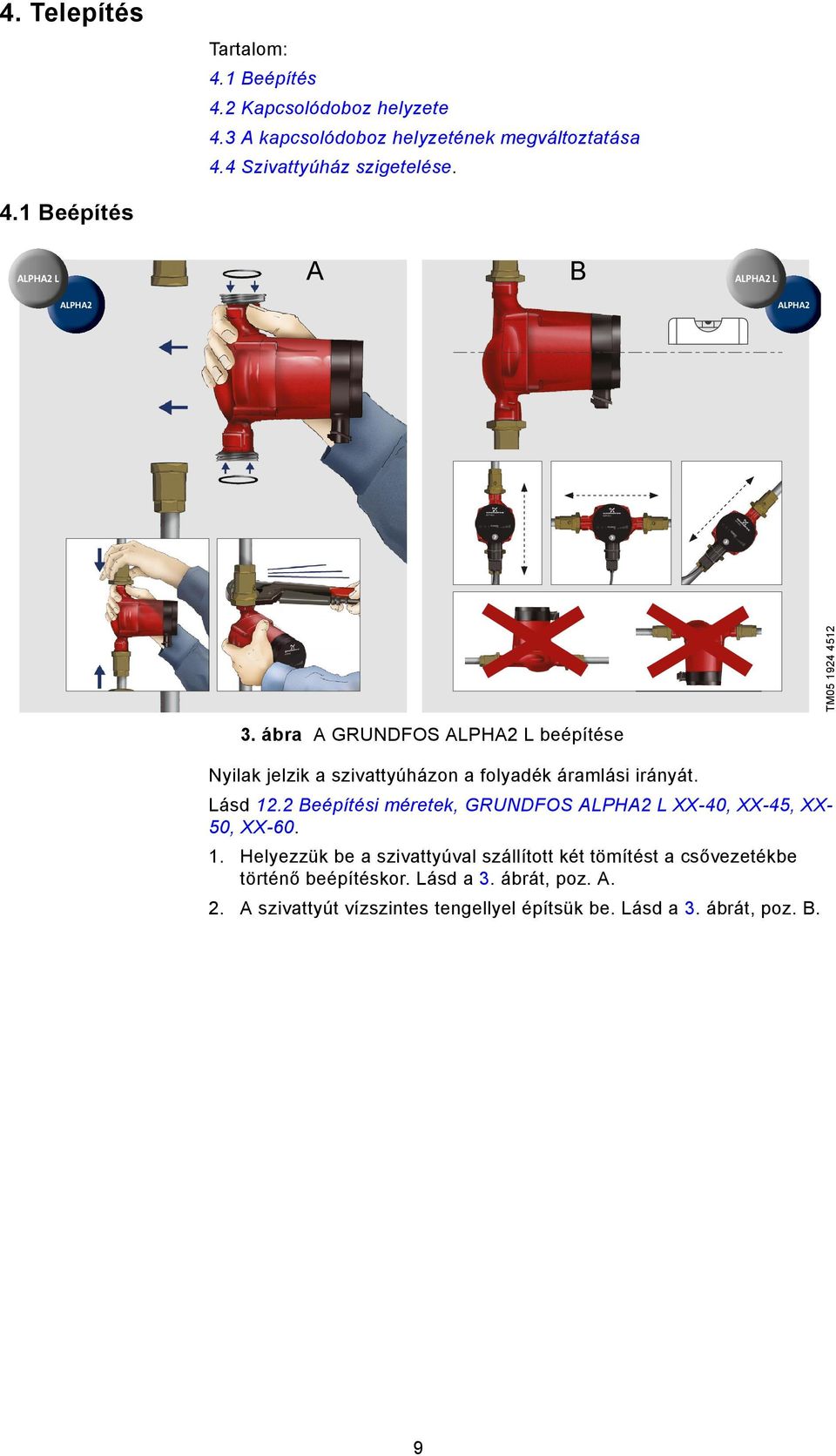 2 Beépítési méretek, GRUNDFOS ALPHA2 L XX-40, XX-45, XX50, XX-60. 1.