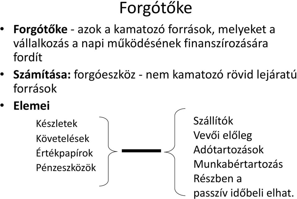 lejáratú források Elemei Készletek Követelések Értékpapírok Pénzeszközök