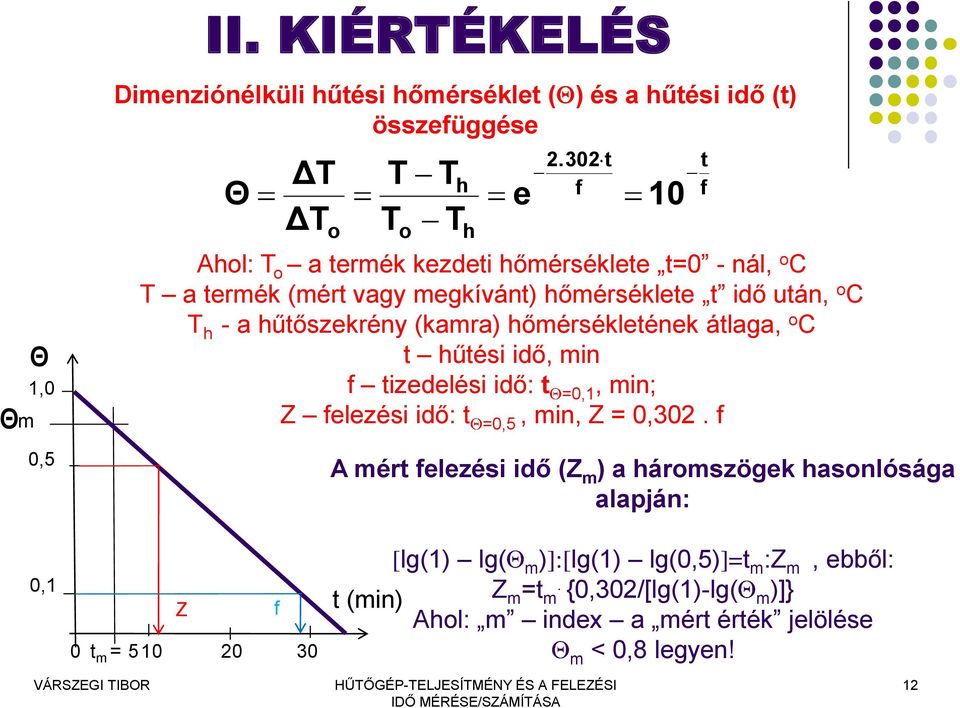 hőmérsékletének átlaga, o C t hűtési idő, min f tizedelési idő: t =0,1, min; Z felezési idő: t =0,5, min, Z = 0,302.