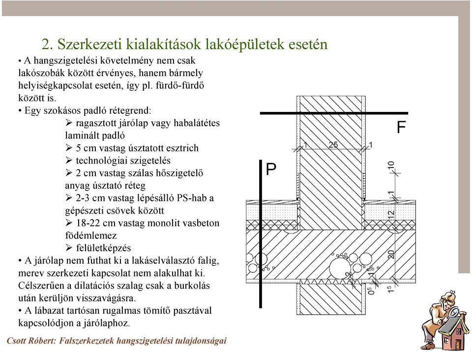 Egy szokásos padló rétegrend: ragasztott járólap vagy habalátétes laminált padló 5 cm vastag úsztatott esztrich technológiai szigetelés 2 cm vastag szálas hıszigetelı anyag úsztató