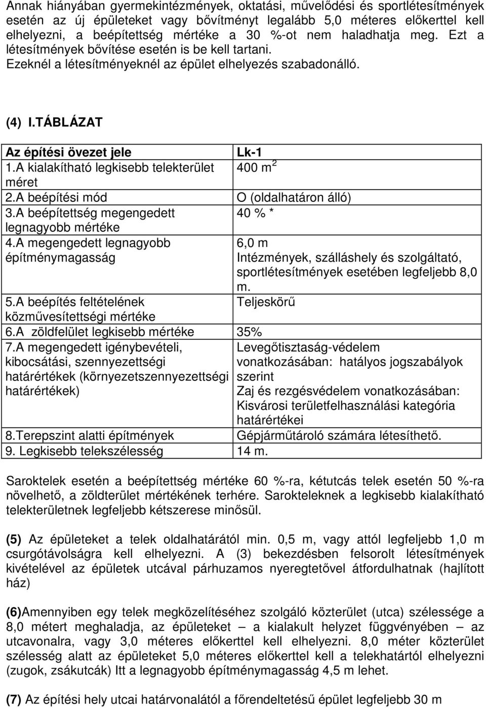 A kialakítható legkisebb telekterület 400 m 2 méret 2.A beépítési mód O (oldalhatáron álló) 3.A beépítettség megengedett 40 % * legnagyobb mértéke 4.