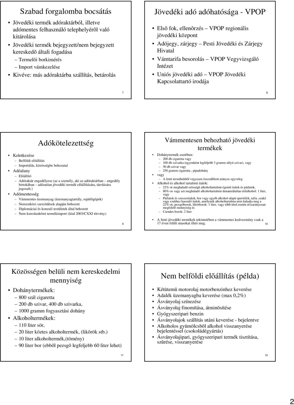 Zárjegy Hivatal Vámtarifa besorolás VPOP Vegyvizsgáló Intézet Uniós jövedéki adó VPOP Jövedéki Kapcsolattartó irodája 7 8 Adókötelezettség Keletkezése Belföldi elõállítás Importálás, közösségbe