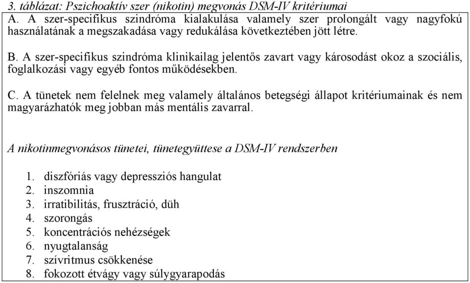 A szer-specifikus szindróma klinikailag jelentıs zavart vagy károsodást okoz a szociális, foglalkozási vagy egyéb fontos mőködésekben. C.