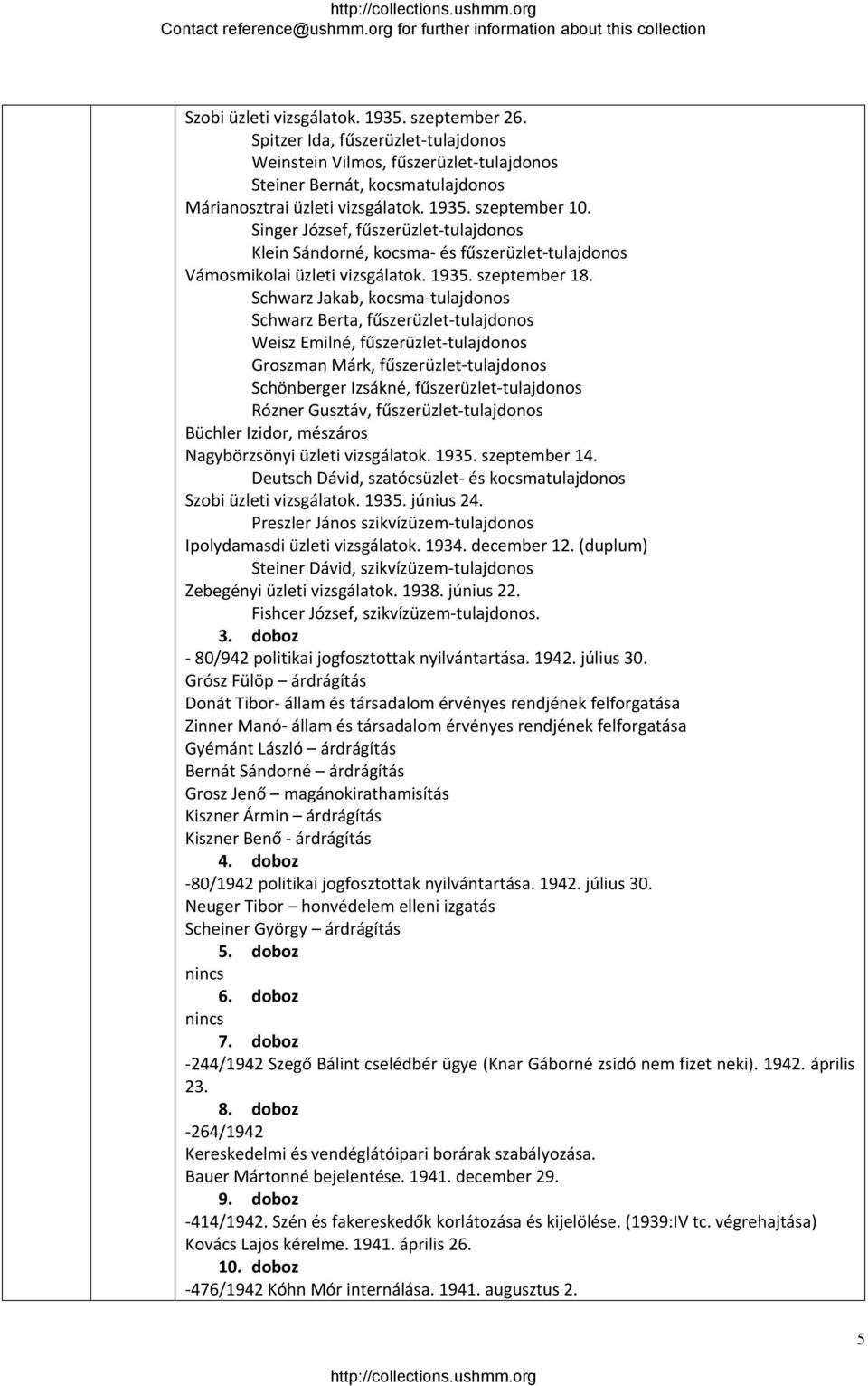 Schwarz Jakab, kocsma tulajdonos Schwarz Berta, fűszerüzlet tulajdonos Weisz Emilné, fűszerüzlet tulajdonos Groszman Márk, fűszerüzlet tulajdonos Schönberger Izsákné, fűszerüzlet tulajdonos Rózner