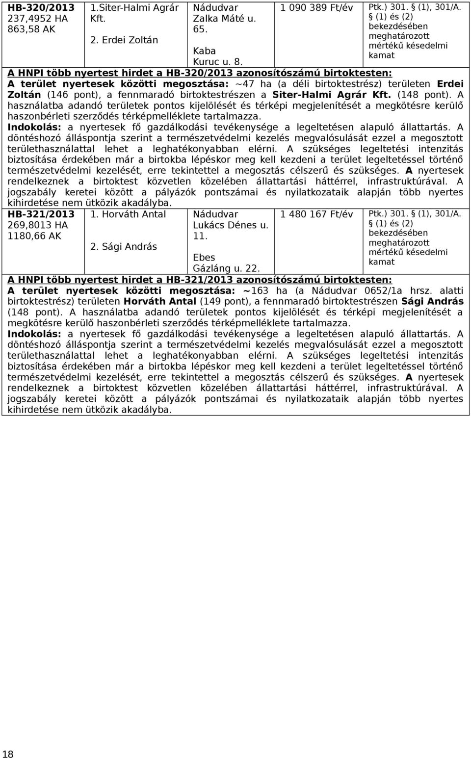 A HNPI több nyertest hirdet a HB-320/2013 azonosítószámú birtoktesten: A terület nyertesek közötti megosztása: ~47 ha (a déli birtoktestrész) területen Erdei Zoltán (146 pont), a fennmaradó