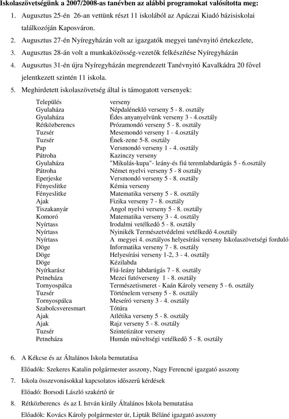 Meghirdetett iskolaszövetség által is támogatott versenyek: Település verseny Népdaléneklı verseny 5-8. osztály Édes anyanyelvünk verseny 3-4.osztály Rétközberencs Prózamondó verseny 5-8.