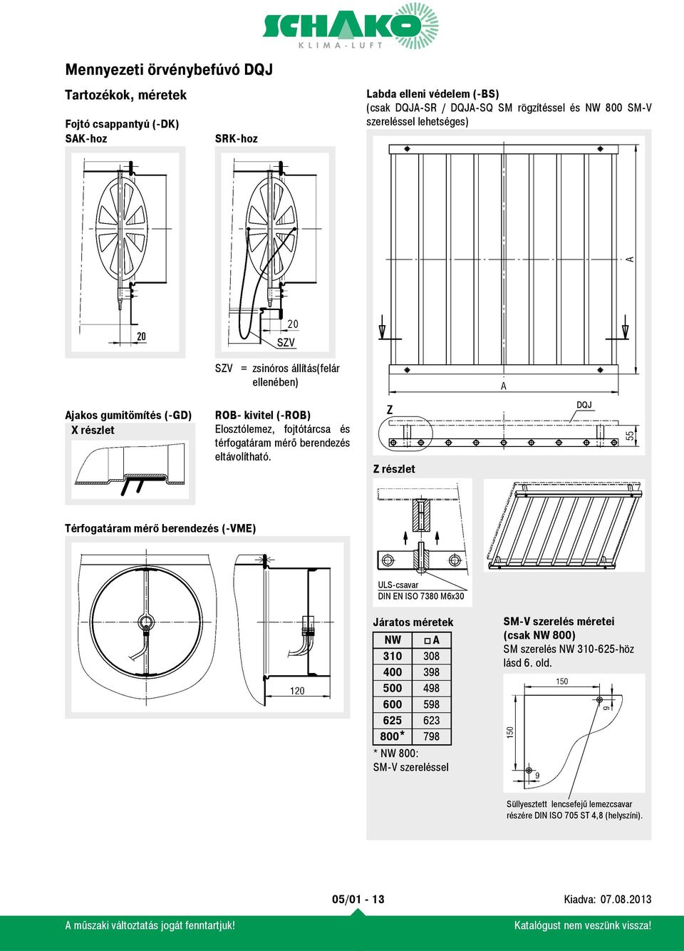 Z részlet DQJ Térfogatáram mérő berendezés (-VME) ULS-csavar DIN EN ISO 7380 M6x30 Járatos méretek NW A 310 308 400 398 500 498 600 598 625 623 800* 798 * NW 800: SM-V