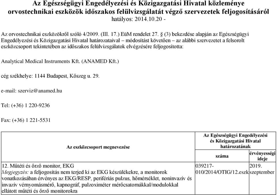 (3) bekezdése alapján az Egészségügyi Engedélyezési és Közigazgatási Hivatal határozataival módosítást követően az alábbi szervezetet a felsorolt eszközcsoport tekintetében az időszakos Analytical