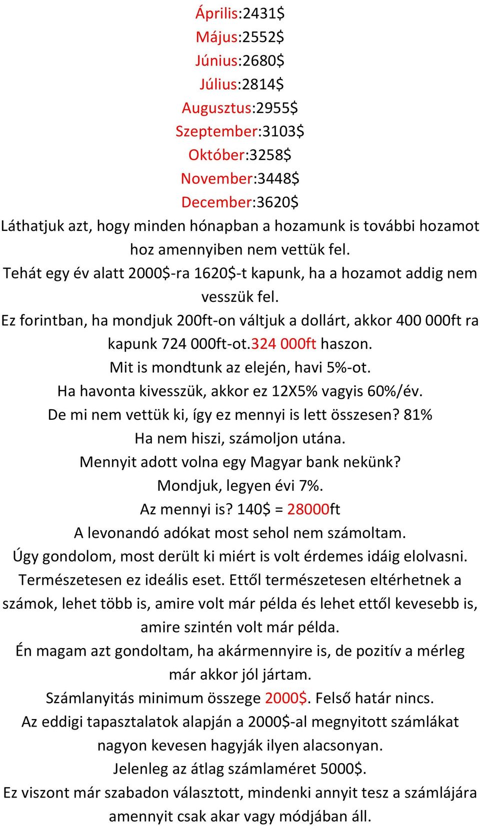 324 000ft haszon. Mit is mondtunk az elején, havi 5%-ot. Ha havonta kivesszük, akkor ez 12X5% vagyis 60%/év. De mi nem vettük ki, így ez mennyi is lett összesen? 81% Ha nem hiszi, számoljon utána.