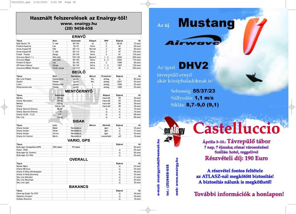 kék 80-110 Extra 2 97 120 ezer FreeX Frantic Sárga 80-105 Extra 2 97 130 ezer Airw ave Sport 1 L Kék-zöld 100-120 Újszerû 1 2 2004 295 ezer Airw ave Magic Kék-zöld 80-100 Extra 2 3 2002 170 ezer