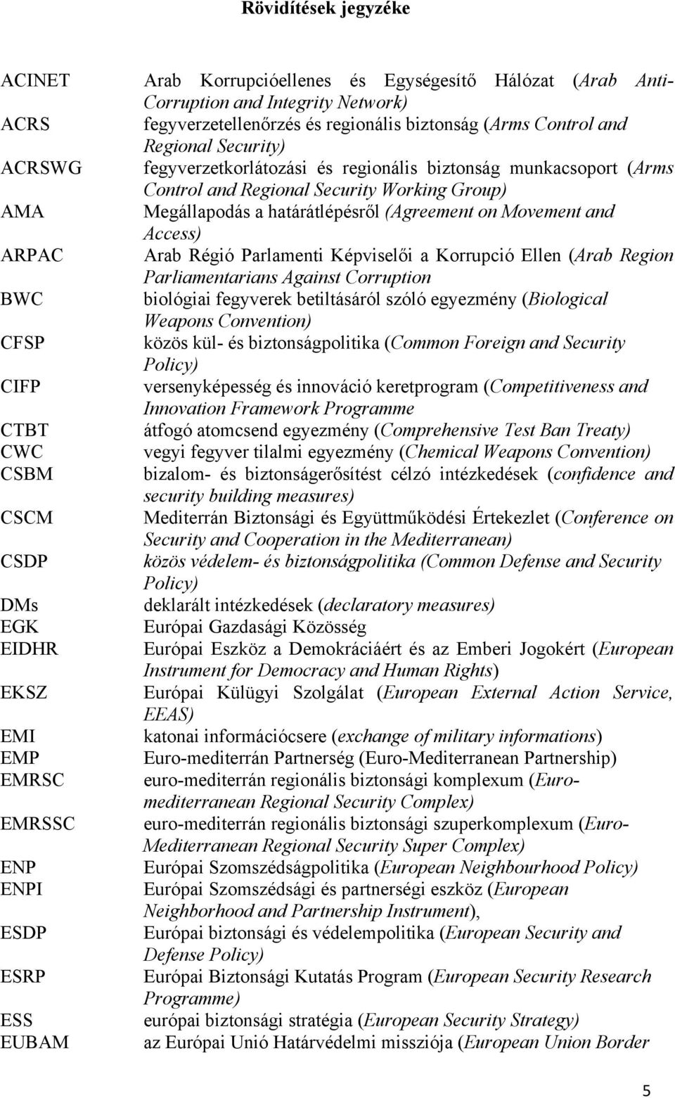 (Arms Control and Regional Security Working Group) Megállapodás a határátlépésről (Agreement on Movement and Access) Arab Régió Parlamenti Képviselői a Korrupció Ellen (Arab Region Parliamentarians