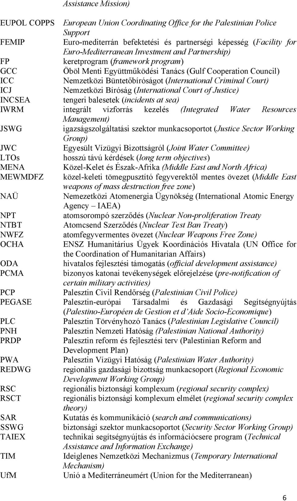 Nemzetközi Bíróság (International Court of Justice) INCSEA tengeri balesetek (incidents at sea) IWRM integrált vízforrás kezelés (Integrated Water Resources Management) JSWG igazságszolgáltatási