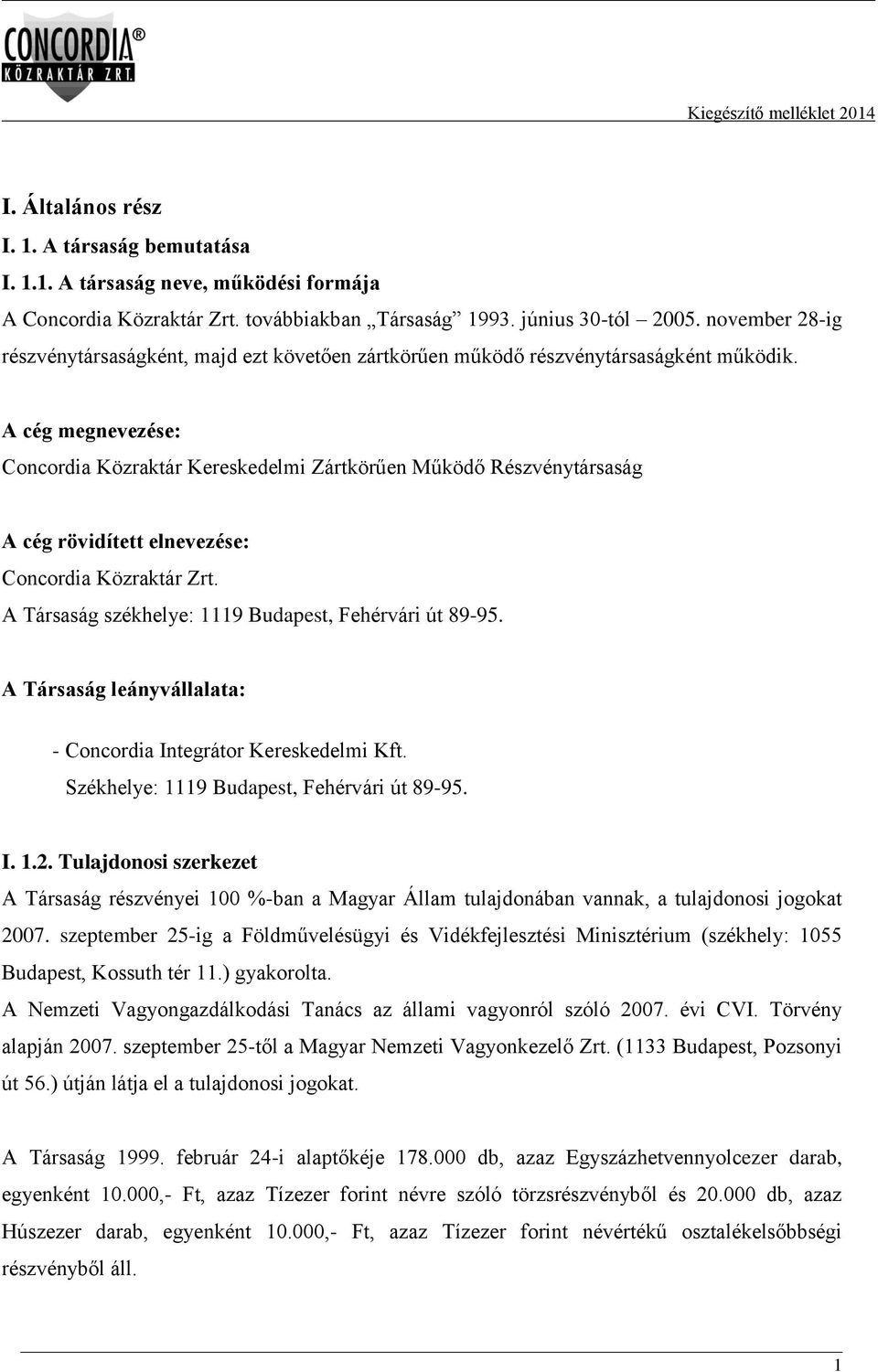 A cég megnevezése: Concordia Közraktár Kereskedelmi Zártkörűen Működő Részvénytársaság A cég rövidített elnevezése: Concordia Közraktár Zrt. A Társaság székhelye: 1119 Budapest, Fehérvári út 89-95.