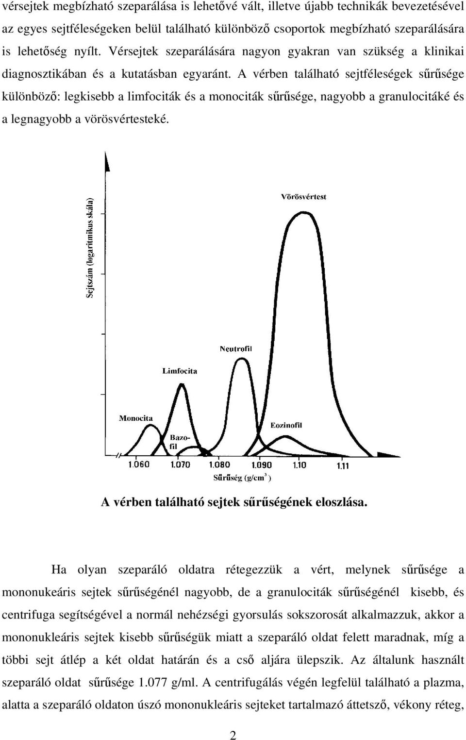 A vérben található sejtféleségek sűrűsége különböző: legkisebb a limfociták és a monociták sűrűsége, nagyobb a granulocitáké és a legnagyobb a vörösvértesteké.