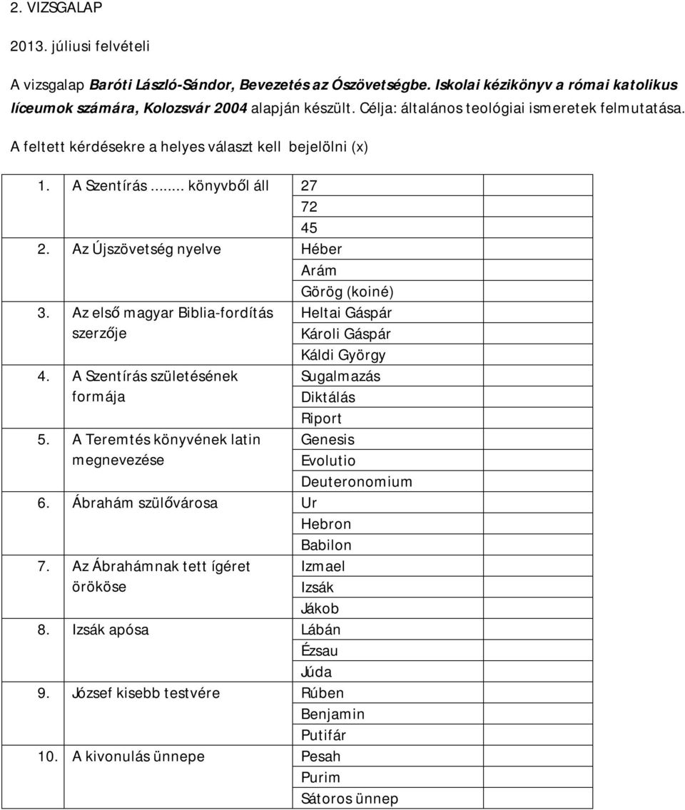 A Teremtés könyvének latin megnevezése 6. Ábrahám szülővárosa 7. Az Ábrahámnak tett ígéret örököse 8. Izsák apósa 9. József kisebb testvére 10.