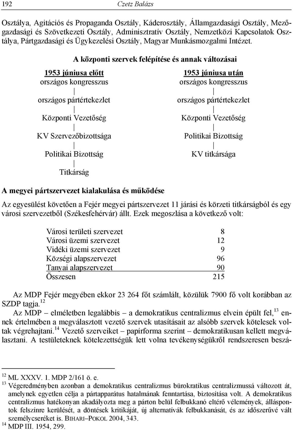 A központi szervek felépítése és annak változásai 1953 júniusa előtt 1953 júniusa után országos kongresszus országos kongresszus országos pártértekezlet országos pártértekezlet Központi Vezetőség