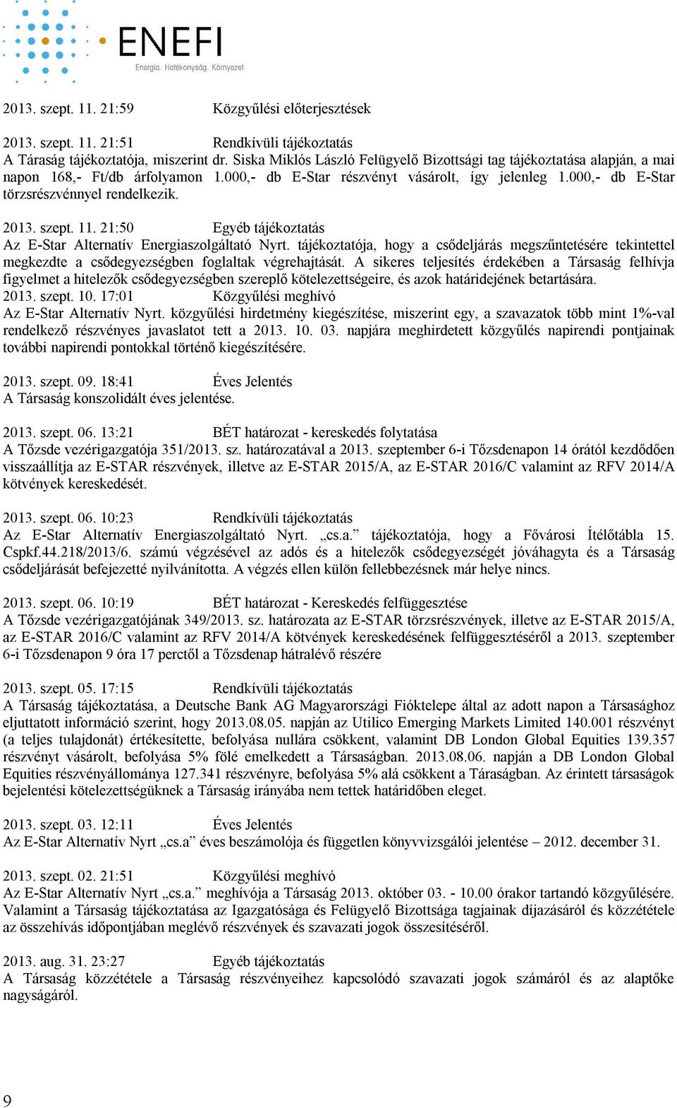 000,- db E-Star törzsrészvénnyel rendelkezik. 2013. szept. 11. 21:50 Egyéb tájékoztatás Az E-Star Alternatív Energiaszolgáltató Nyrt.