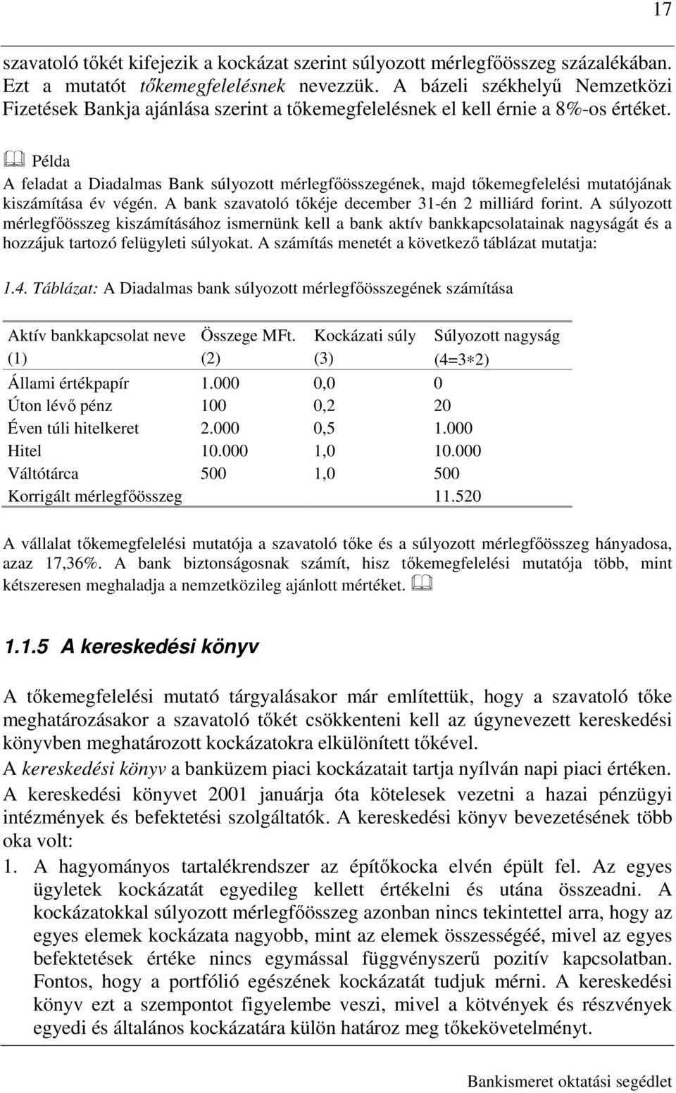 17 Példa A feladat a Diadalmas Bank súlyozott mérlegfıösszegének, majd tıkemegfelelési mutatójának kiszámítása év végén. A bank szavatoló tıkéje december 31-én 2 milliárd forint.