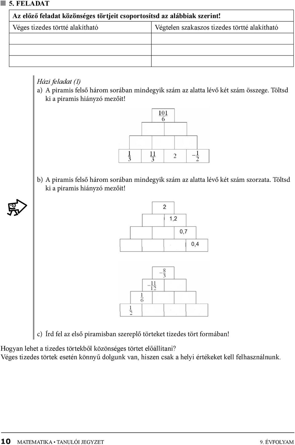 összege. Töltsd ki a piramis hiányzó mezőit! b) A piramis felső három sorában mindegyik szám az alatta lévő két szám szorzata. Töltsd ki a piramis hiányzó mezőit! c) Írd fel az első piramisban szereplő törteket tizedes tört formában!