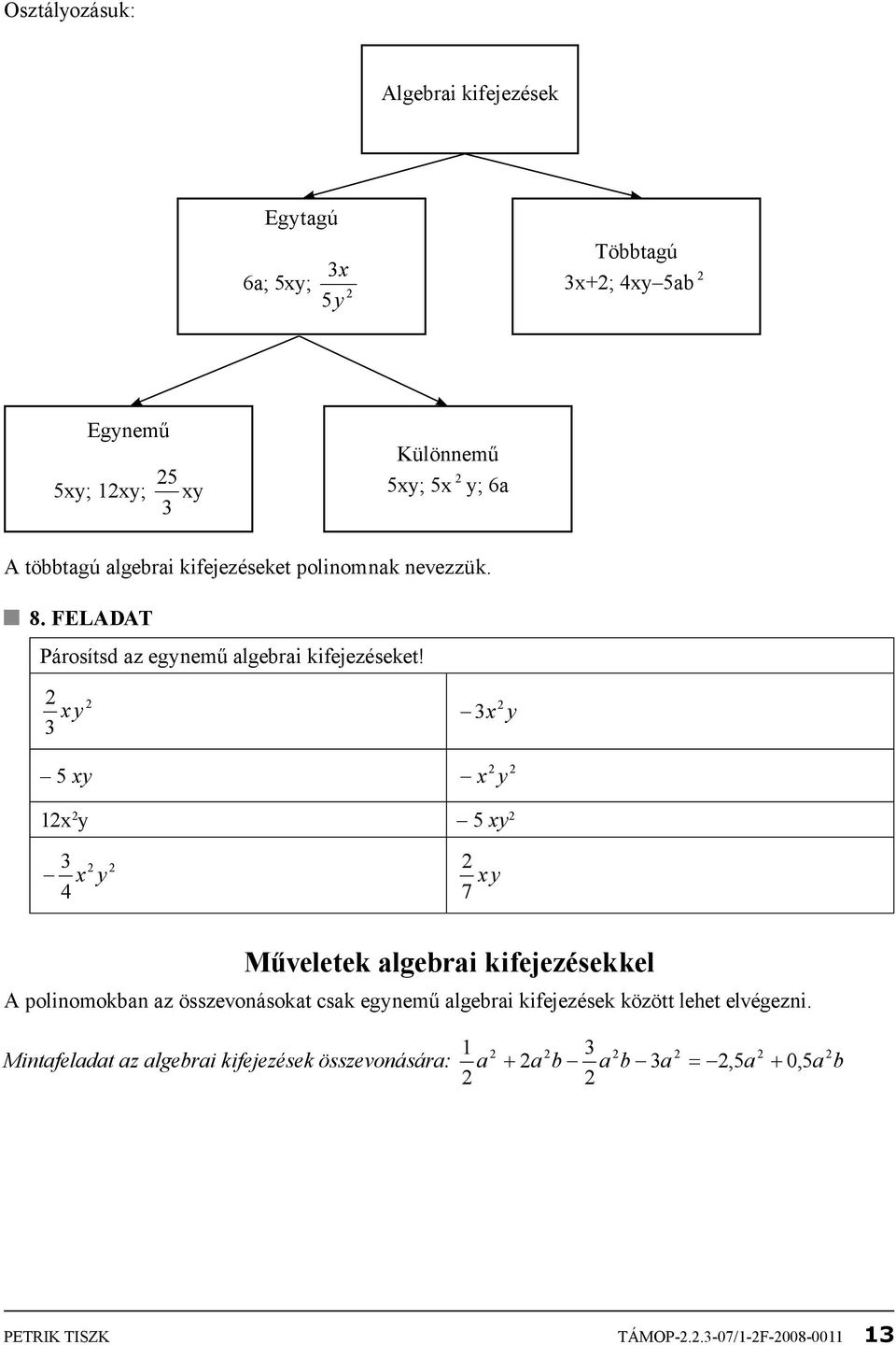 x y 3 5 xy 3x y x y 1x y 5 xy 3 4 x y x y 7 Műveletek algebrai kifejezésekkel A polinomokban az összevonásokat csak egynemű algebrai