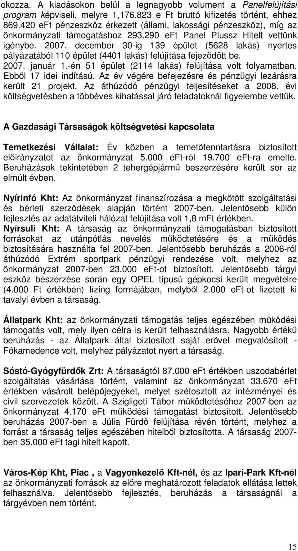 december 30-ig 139 épület (5628 lakás) nyertes pályázatából 110 épület (4401 lakás) felújítása fejezdött be. 2007. január 1.-én 51 épület (2114 lakás) felújítása volt folyamatban.