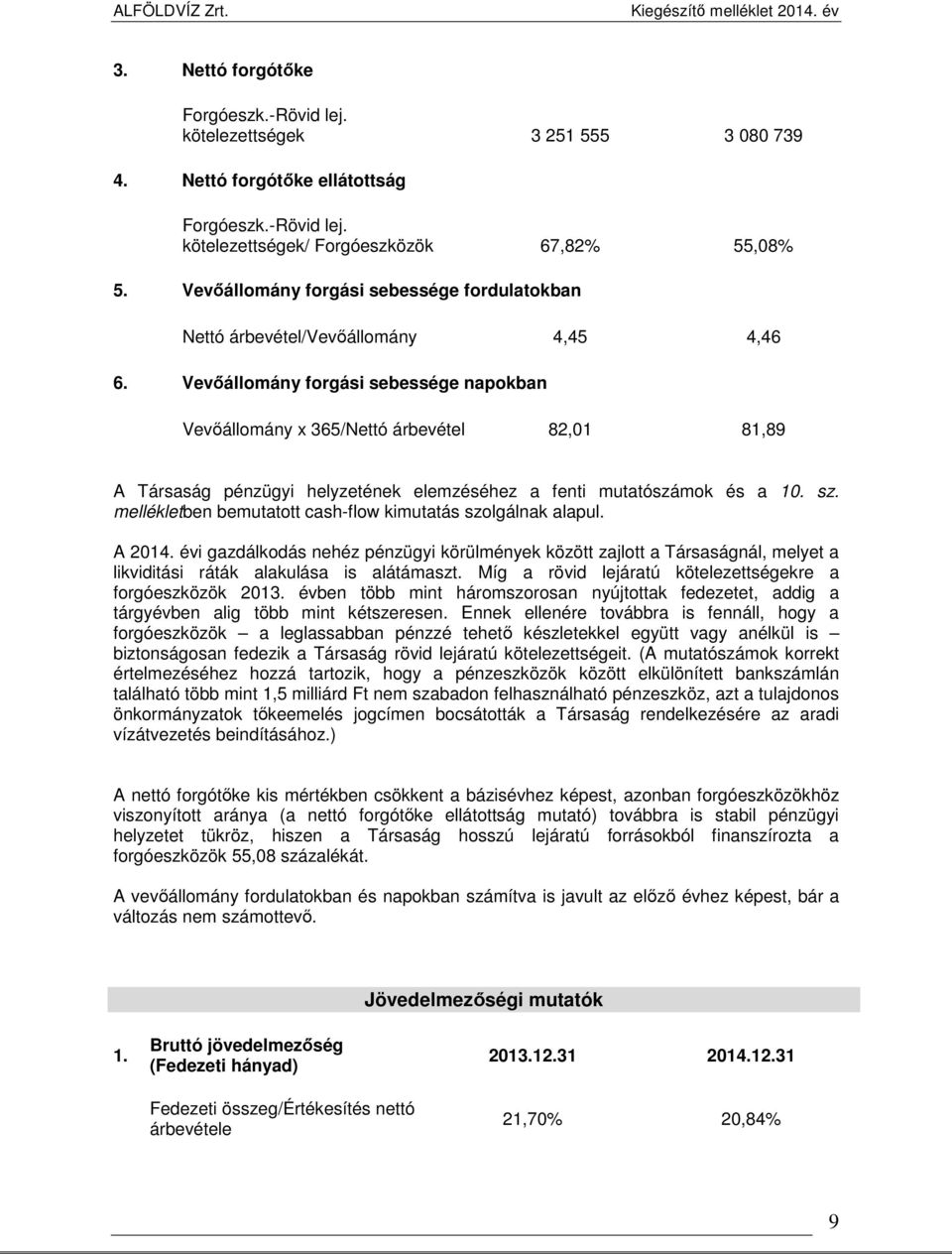 Vevőállomány forgási sebessége napokban Vevőállomány x 365/Nettó árbevétel 82,01 81,89 A Társaság pénzügyi helyzetének elemzéséhez a fenti mutatószámok és a 10. sz.