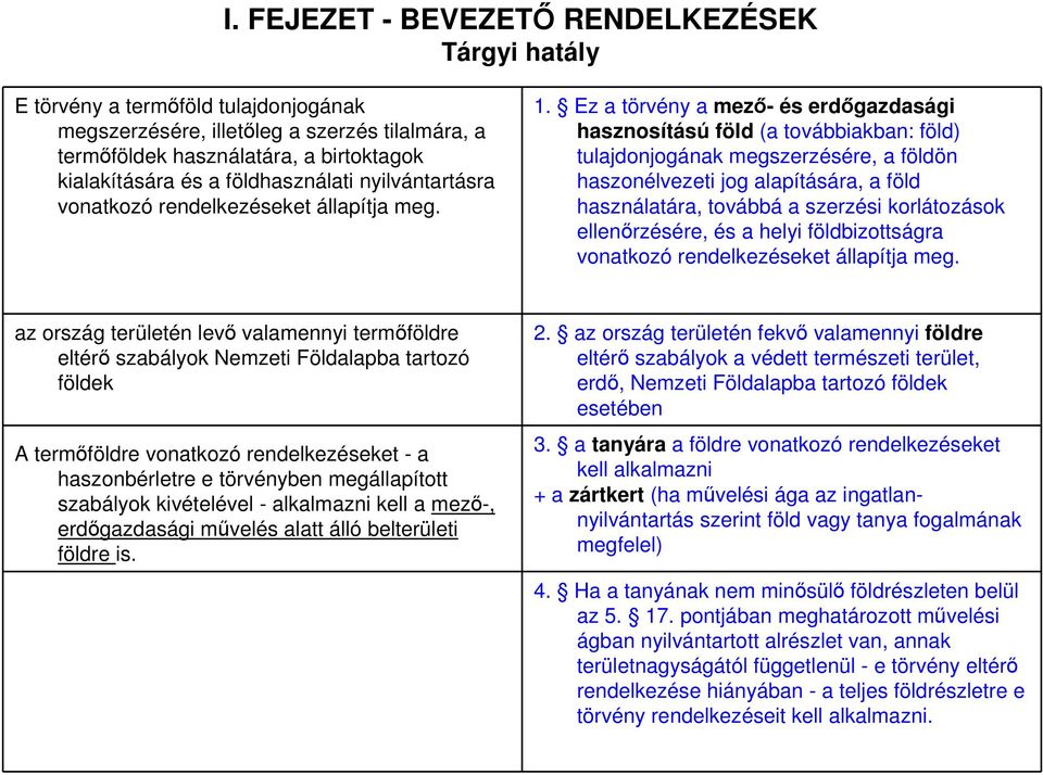 Ez a törvény a mező- és erdőgazdasági hasznosítású föld (a továbbiakban: föld) tulajdonjogának megszerzésére, a földön haszonélvezeti jog alapítására, a föld használatára, továbbá a szerzési