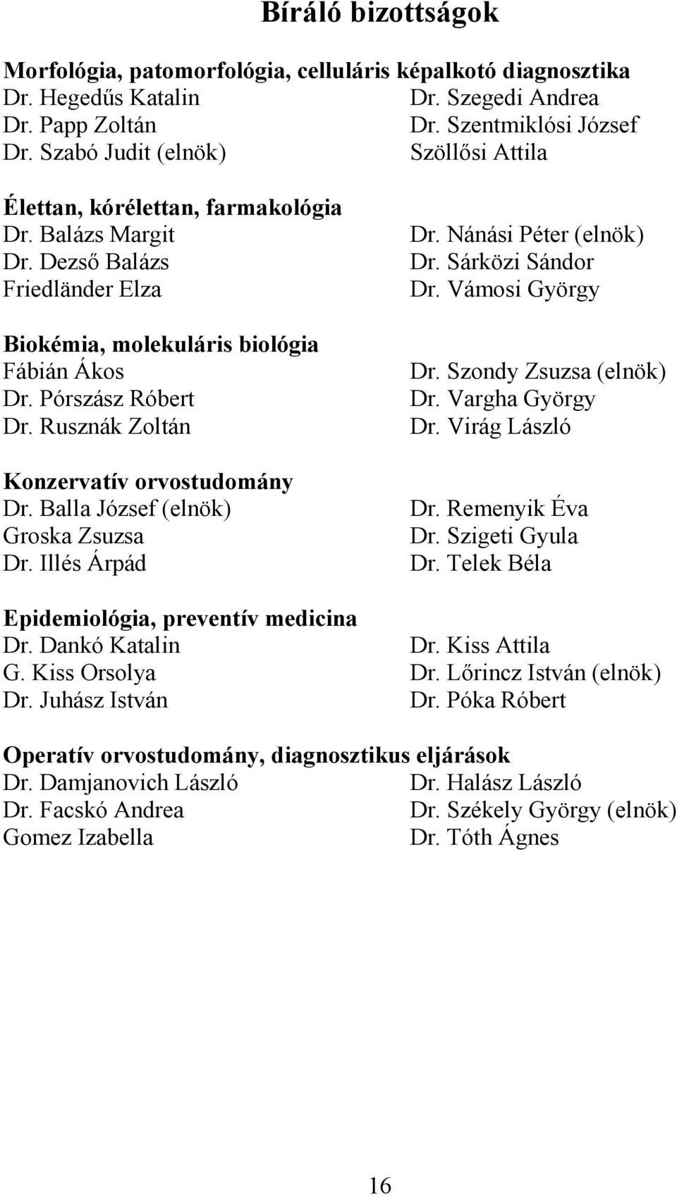 Rusznák Zoltán Konzervatív orvostudomány Dr. Balla József (elnök) Groska Zsuzsa Dr. Illés Árpád Epidemiológia, preventív medicina Dr. Dankó Katalin G. Kiss Orsolya Dr. Juhász István Dr.