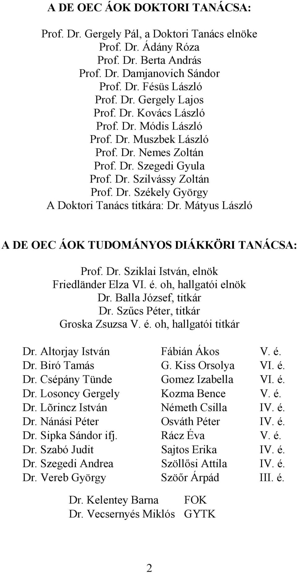 Mátyus László A DE OEC ÁOK TUDOMÁNYOS DIÁKKÖRI TANÁCSA: Prof. Dr. Sziklai István, elnök Friedländer Elza VI. é. oh, hallgatói elnök Dr. Balla József, titkár Dr. Szűcs Péter, titkár Groska Zsuzsa V. é. oh, hallgatói titkár Dr.