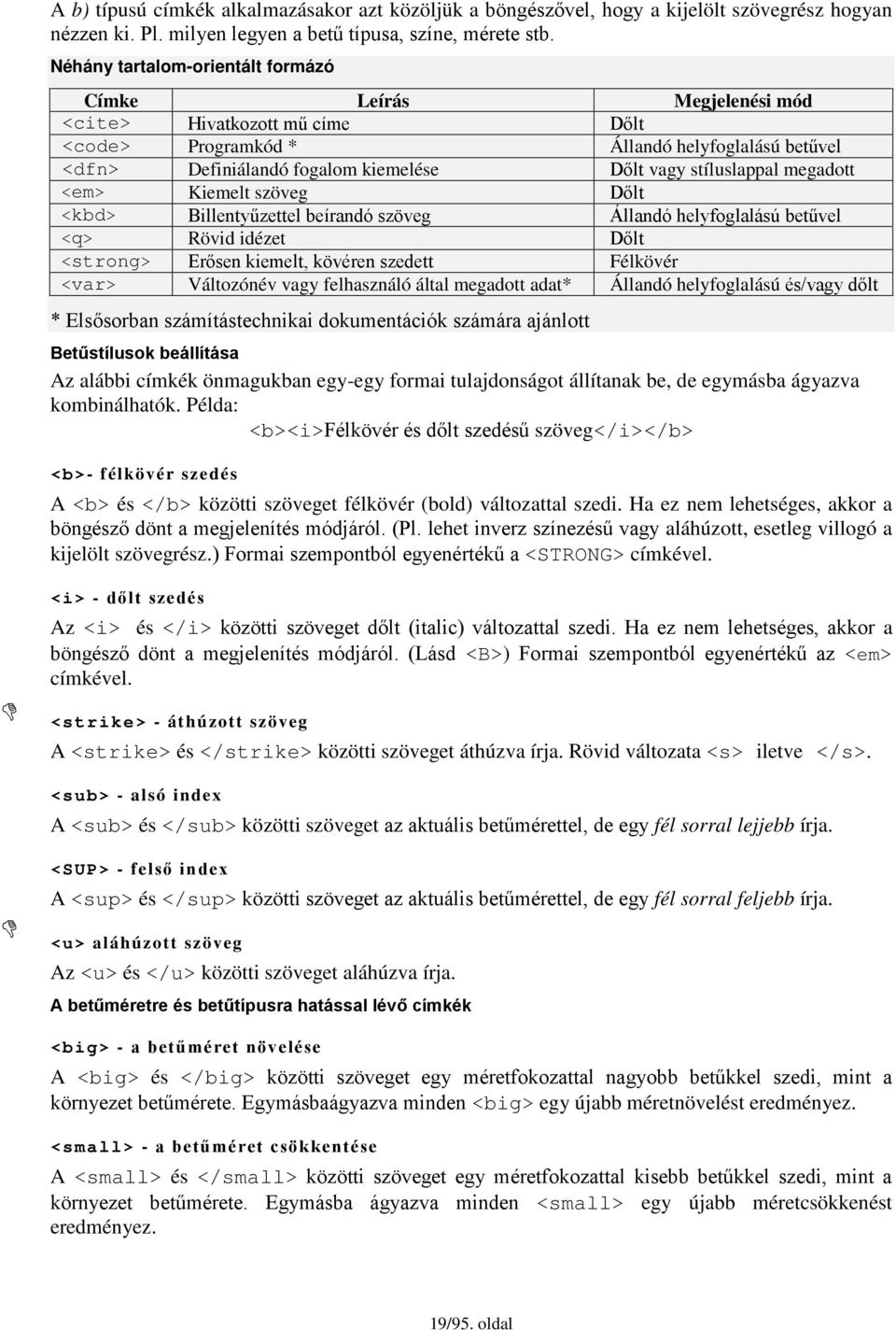 stíluslappal megadott <em> Kiemelt szöveg Dőlt <kbd> Billentyűzettel beírandó szöveg Állandó helyfoglalású betűvel <q> Rövid idézet Dőlt <strong> Erősen kiemelt, kövéren szedett Félkövér <var>