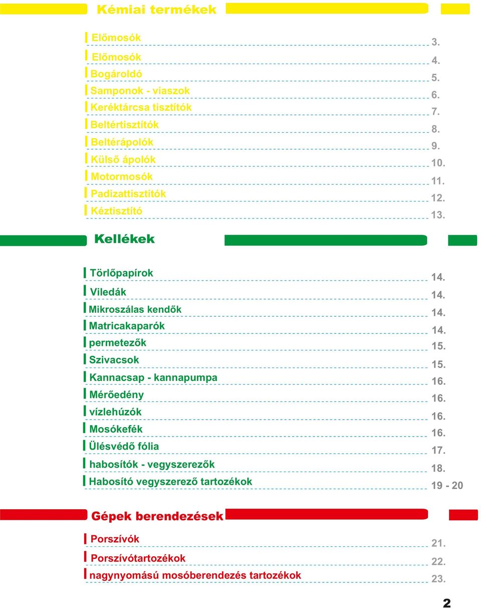 Matricakaparók 14. permetezők 15. Szivacsok 15. Kannacsap - kannapumpa 16. Mérőedény 16. vízlehúzók 16. Mosókefék 16. Ülésvédő fólia 17.