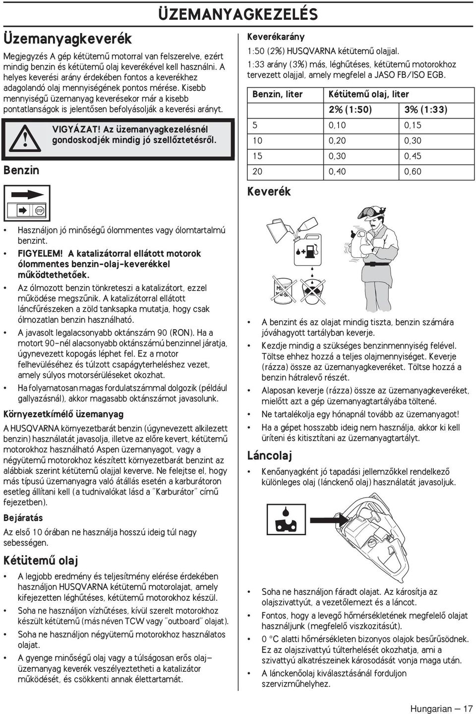 Kisebb mennyiségı üzemanyag keverésekor már a kisebb pontatlanságok is jelentœsen befolyásolják a keverési arányt. Benzin VIGYÁZAT Az üzemanyagkezelésnél gondoskodjék mindig jó szellœztetésrœl.