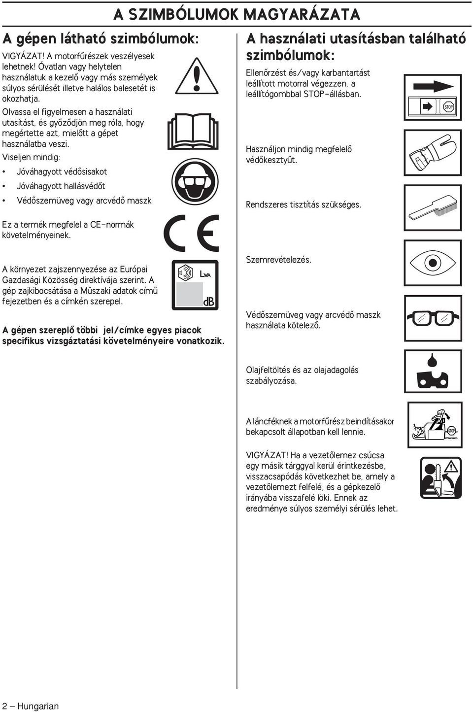Viseljen mindig: Jóváhagyott védœsisakot Jóváhagyott hallásvédœt VédŒszemüveg vagy arcvédœ maszk A használati utasításban található szimbólumok: EllenŒrzést és/vagy karbantartást leállított motorral