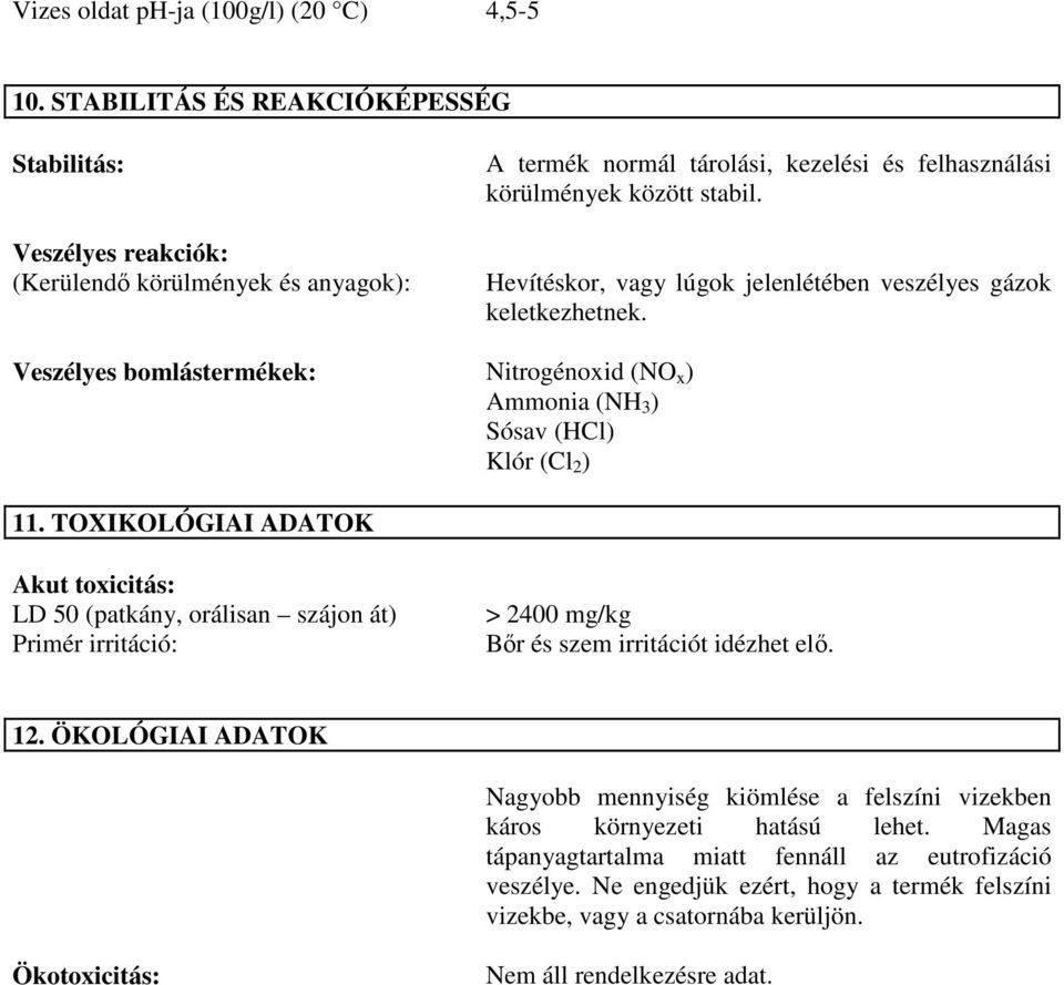 Hevítéskor, vagy lúgok jelenlétében veszélyes gázok keletkezhetnek. Veszélyes bomlástermékek: Nitrogénoxid (NO x ) Ammonia (NH 3 ) Sósav (HCl) Klór (Cl 2 ) 11.